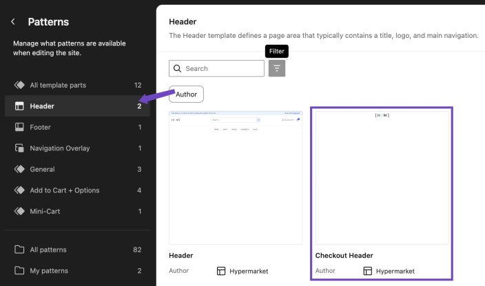 WordPress Site Editor showing the Hypermarket Checkout Header template part alongside the main Header template part