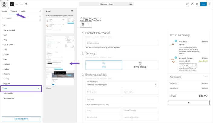 WordPress editor showing Hypermarket patterns panel with shop patterns and checkout page preview