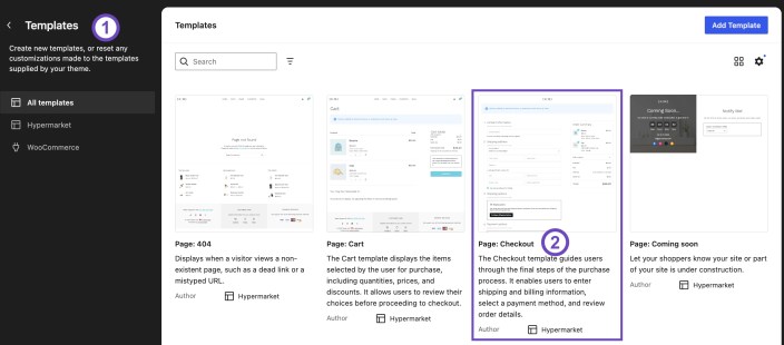 WordPress Site Editor showing the Hypermarket Checkout page template