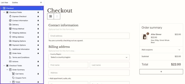 WordPress Site Editor showing the Hypermarket Checkout page with checkout fields, order summary, coupon form, totals, and payment sections