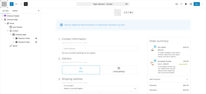 WordPress editor showing Hypermarket checkout template with form fields and order summary