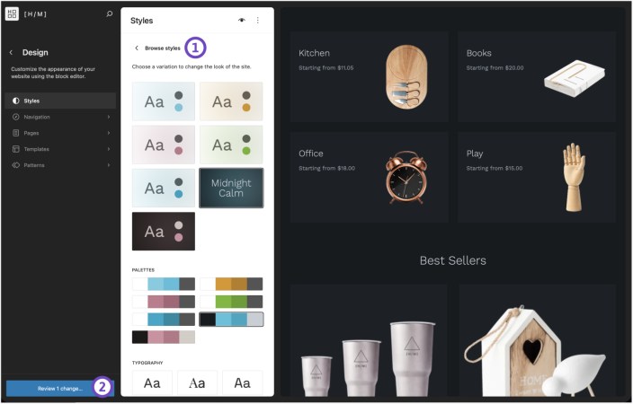 WordPress Site Editor showing Hypermarket style variations and color palettes