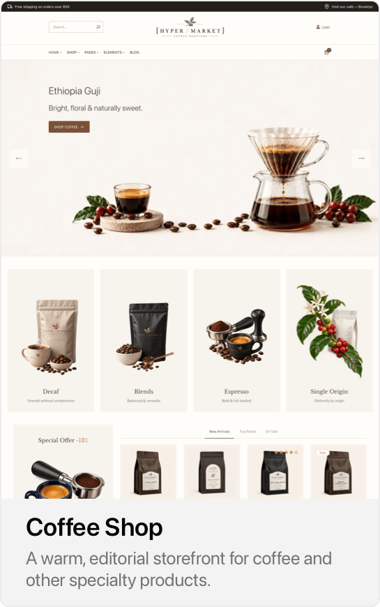 Coffee Shop demo showing a pour-over coffee hero, coffee categories, and featured products.