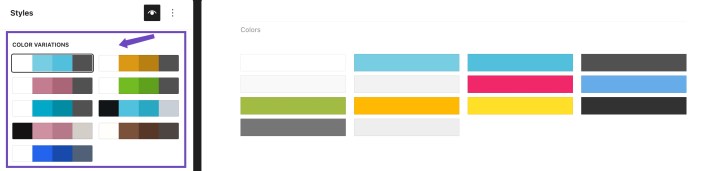 WordPress Site Editor showing Hypermarket color variations for quickly changing the store color palette
