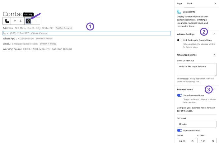 WordPress editor showing the Hypermarket Contact Info block with address, phone, WhatsApp, email, Google Maps link, and business hours settings