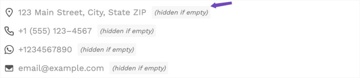 WordPress editor showing Hypermarket Contact Info fields marked as hidden if no value is set