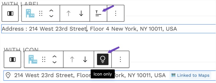 WordPress editor showing Hypermarket Contact Info block controls toggling between label visible and icon-only display.