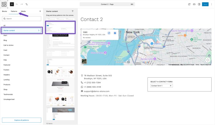 WordPress editor showing Hypermarket Starter content panel with Contact Info & Form pattern preview applied to a contact page