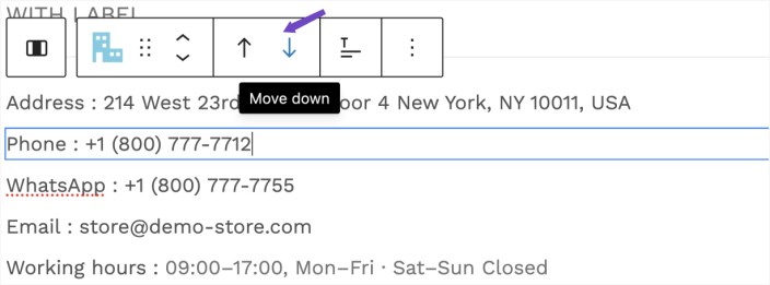 WordPress editor showing Hypermarket Contact Info fields with controls to move items up or down