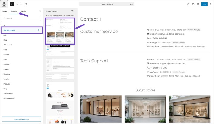 WordPress editor showing Hypermarket Starter content panel with Support & Store Locations pattern preview applied to a contact page