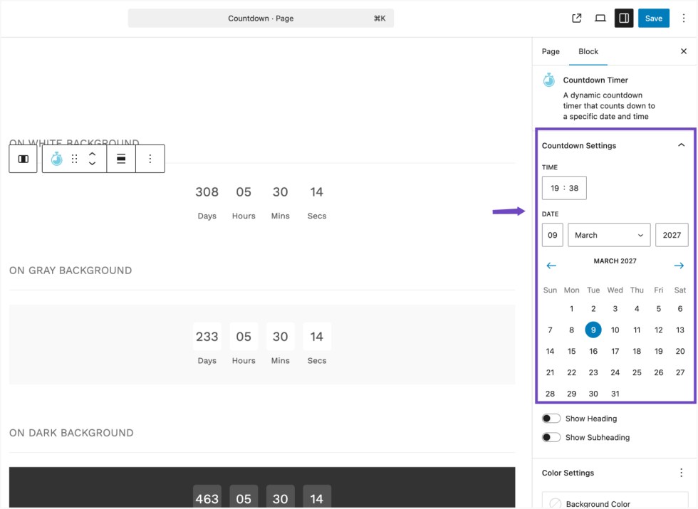 Countdown Timer block settings showing time input and calendar date picker in the Hypermarket editor