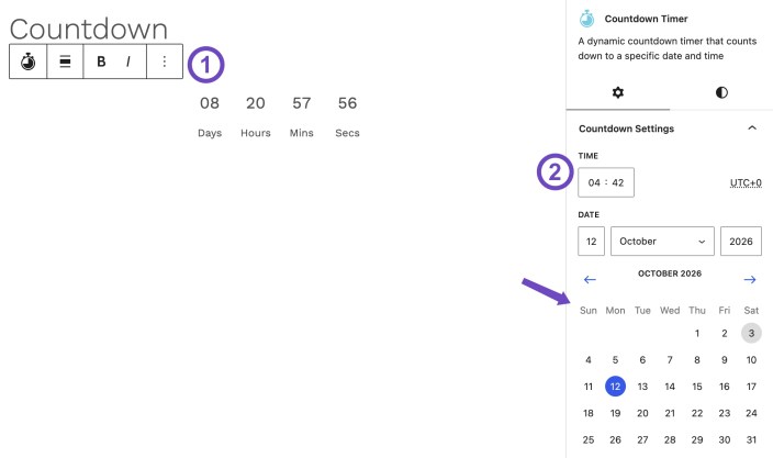 WordPress editor showing the Hypermarket Countdown Timer block with target date and time settings