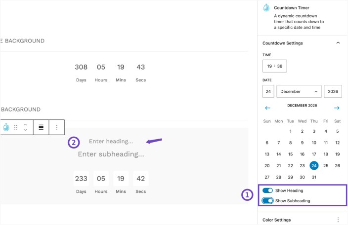 Countdown Timer block showing heading and subheading options with toggle controls and editable text fields