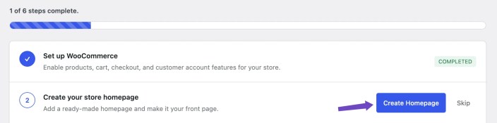 Hypermarket manual setup screen showing the Create Homepage step after WooCommerce setup