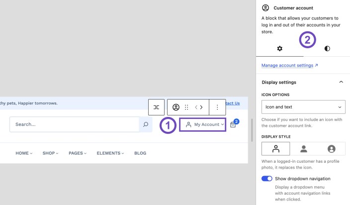 WordPress Site Editor showing the WooCommerce Customer Account block in a Hypermarket header with icon, text, display style, and dropdown navigation settings