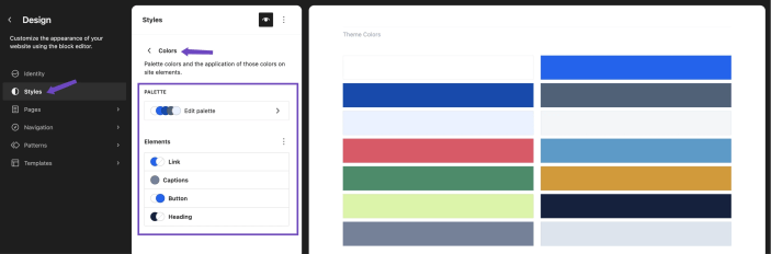 WordPress Site Editor showing Hypermarket color settings for the global palette, links, captions, buttons, and headings