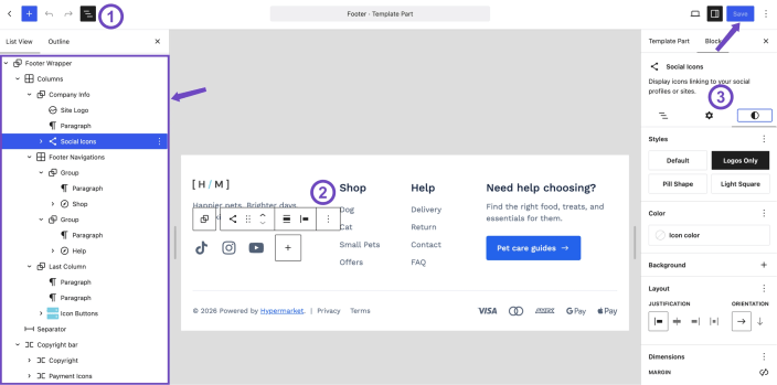 WordPress Site Editor showing the Hypermarket Footer template part with List View and block style settings for customizing footer content