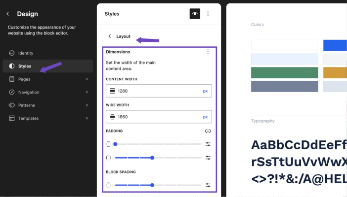 WordPress Site Editor showing Hypermarket layout settings for content width, wide width, padding, and block spacing
