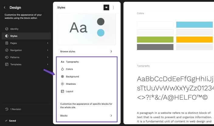 WordPress Site Editor showing Hypermarket global style controls for typography, colors, background, shadows, layout, and blocks