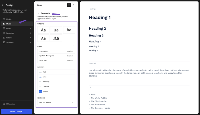 WordPress Site Editor showing Hypermarket typography settings for typefaces, fonts, text, links, headings, captions, buttons, and font sizes