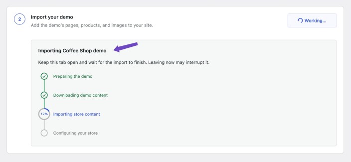 Hypermarket demo import progress showing preparation, download, content import, and store configuration steps