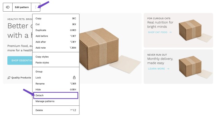 WordPress editor showing the Detach option for a Hypermarket pattern