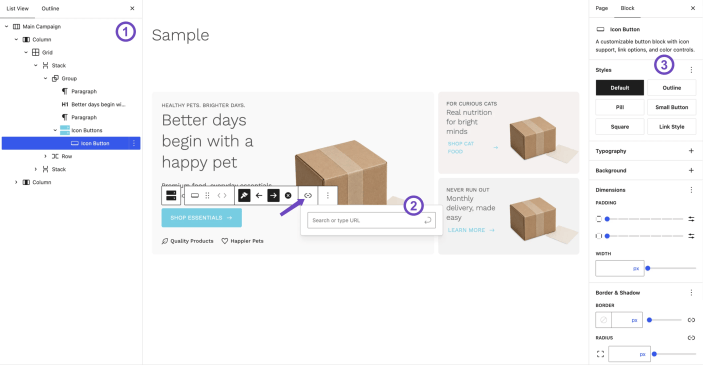 WordPress editor showing a Hypermarket Icon Button selected with link, style, typography, spacing, width, border, and shadow controls