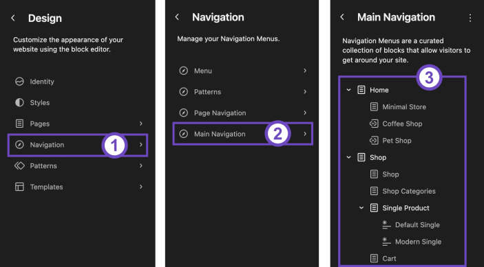 WordPress Site Editor showing the Navigation section with the Hypermarket Main Navigation menu and nested menu items