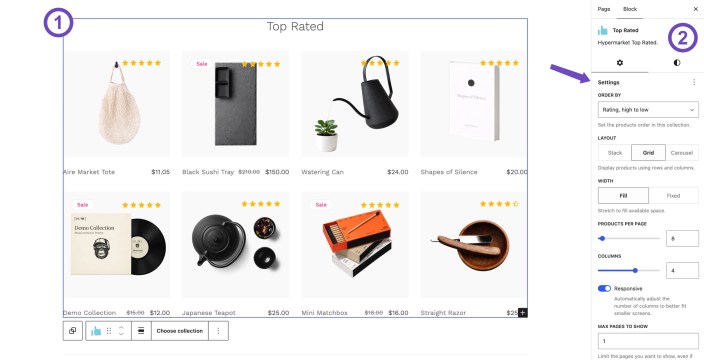 WordPress editor showing a Hypermarket Top Rated product collection with ordering, layout, product count, and column settings