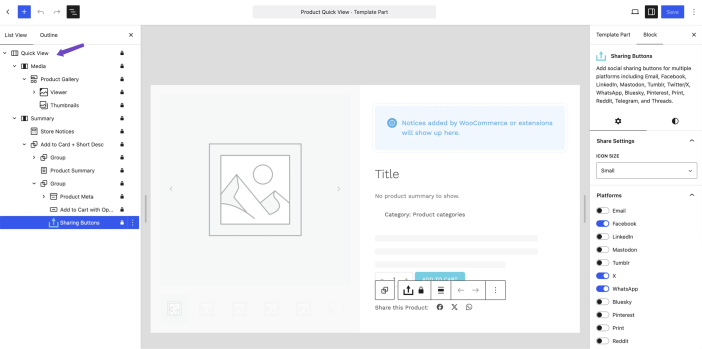 WordPress Site Editor editing the Hypermarket Product Quick View template part with product gallery, summary, Add to Cart, and sharing controls