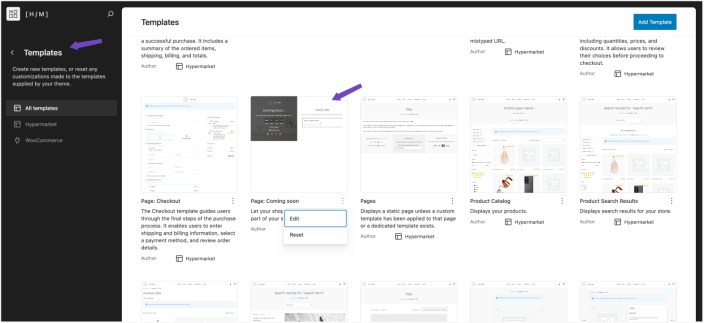 WordPress editor showing Hypermarket templates screen with template options and edit action.