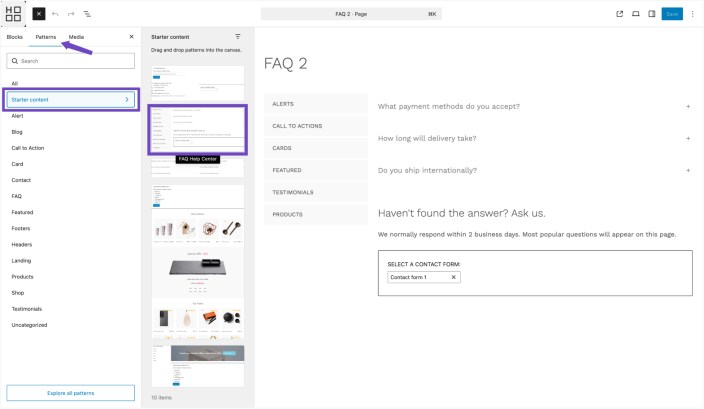 WordPress editor showing Hypermarket Starter content panel with FAQ Help Center pattern preview applied to a page