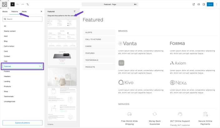 WordPress editor showing Hypermarket Featured patterns with preview