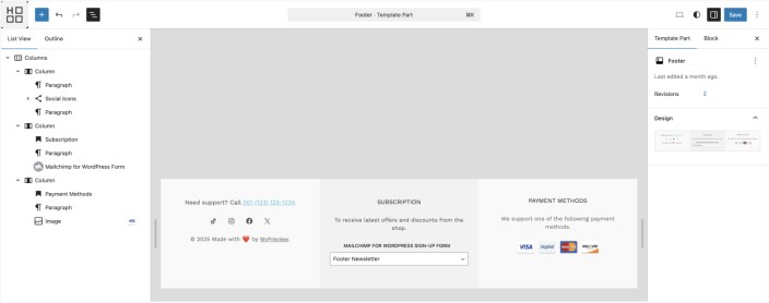 WordPress Site Editor showing Hypermarket footer with support text, social icons, newsletter, and payment methods.