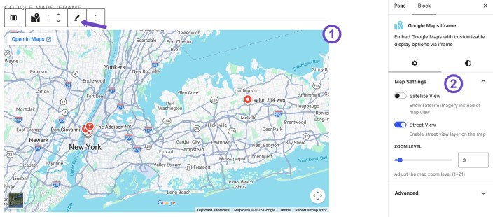 WordPress editor showing the Hypermarket Google Maps Iframe block with satellite view, Street View, and zoom level settings