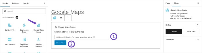 Google Maps iframe block in the Hypermarket editor showing address input and “Show Map” button
