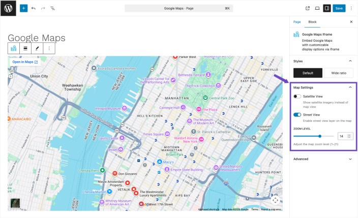 Google Maps iframe block showing map settings including satellite view, street view toggle, and zoom level slider