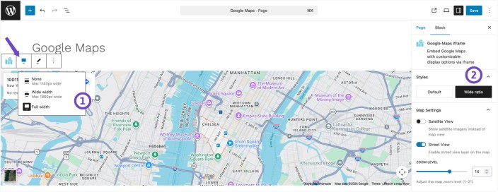 Google Maps iframe block showing width alignment options and wide ratio style setting in the Hypermarket editor