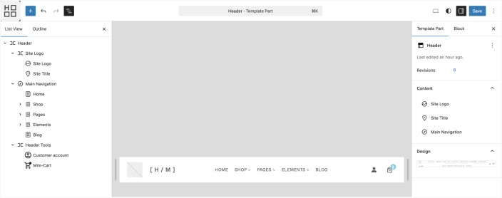 WordPress Site Editor showing Hypermarket header with logo, navigation, and mini cart