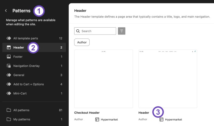 WordPress Site Editor Patterns screen showing the Hypermarket Header template part