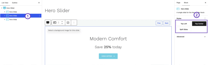 WordPress editor showing a Hypermarket Hero Slide with Top Left, Top Center, and Split Sides layout styles