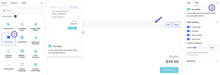WordPress editor showing the Hypermarket Hero Slider block with autoplay, loop, arrows, dots, and interval settings
