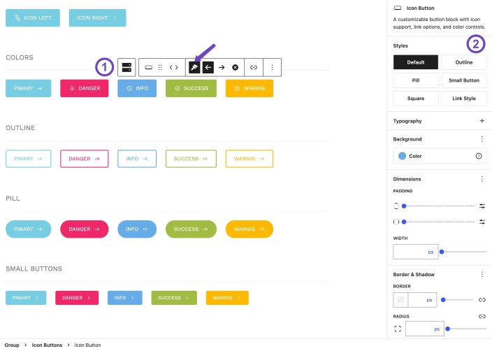 WordPress editor showing the Hypermarket Icon Button block with icon position, button styles, typography, spacing, width, border, and shadow controls