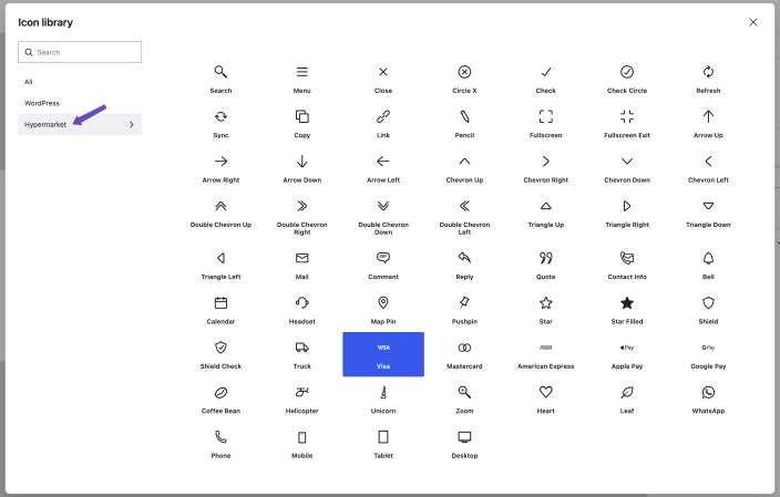 Hypermarket icon library showing searchable WordPress and Hypermarket icons including navigation, contact, payment, device, and utility icons