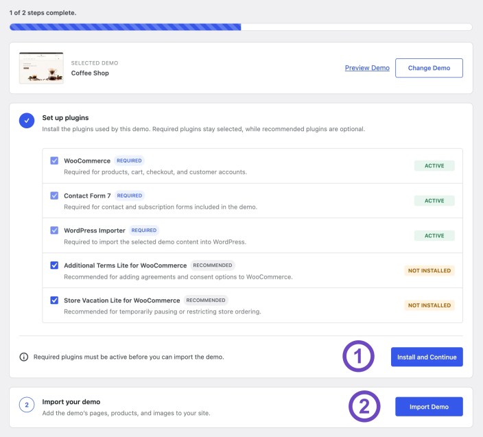 Hypermarket demo import setup showing plugin installation and Import Demo steps