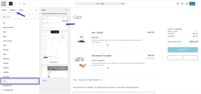 WordPress editor showing Hypermarket patterns panel with shop patterns and cart page preview