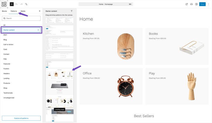 WordPress editor showing Hypermarket Starter content panel with Landing Page pattern preview for building a homepage