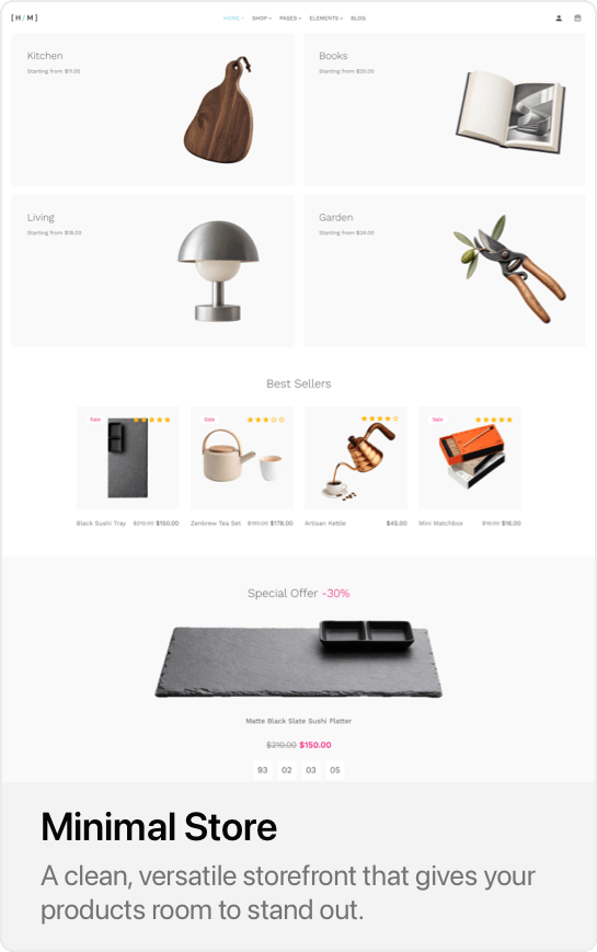 Minimal Store demo showing home and lifestyle categories, a best sellers product grid, and a featured offer.