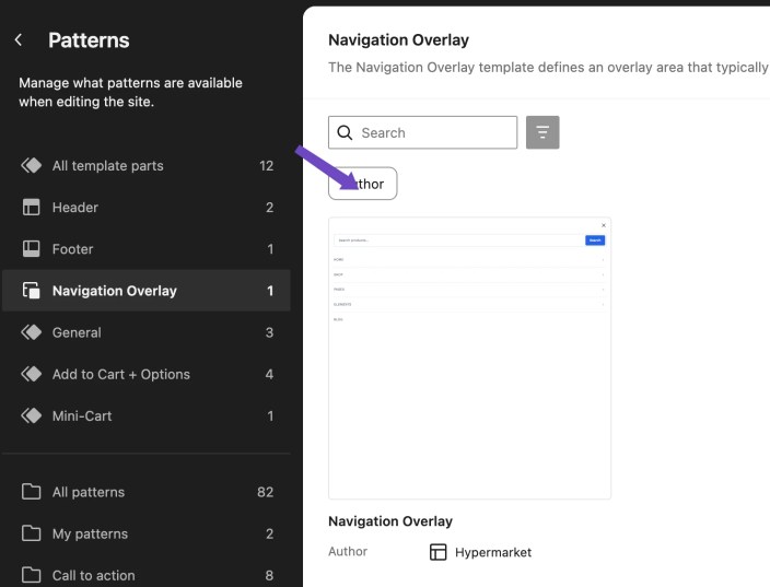 WordPress Site Editor showing the Hypermarket Navigation Overlay template part in the Patterns area