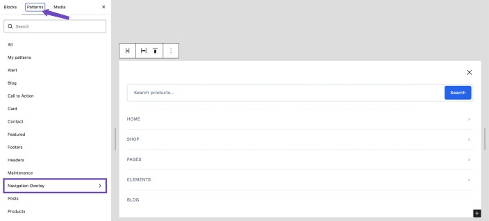 WordPress editor showing the Hypermarket Navigation Overlay with product search and menu links